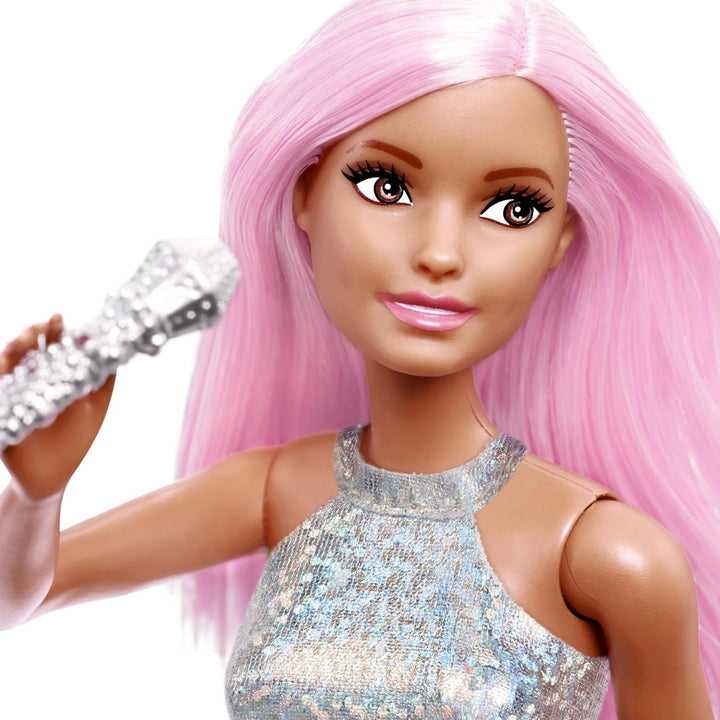 Păpușa Barbie Pop Star îmbrăcată într-o fustă strălucitoare, cu microfon și păr roz, cadou pentru copii de la 3 la 7 ani, JCW42, Dazzling