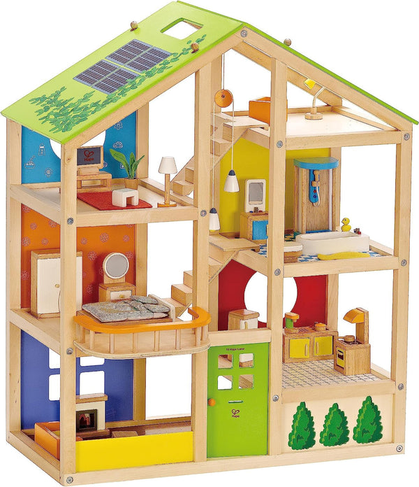 Hape Four Seasons Wooden Doll's House Casă de păpuși premiată cu trei etaje, cu mobilier, accesorii, scări mobile și acoperiș reversibil pentru fiecare sezon