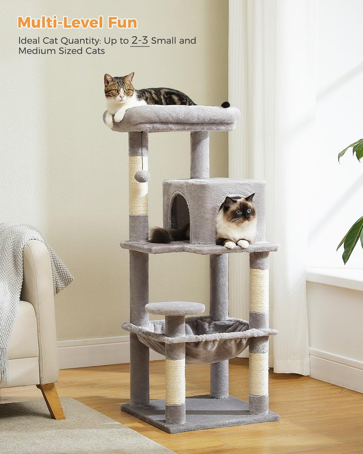 PAWZ Road, arbore pentru pisici cu hamac metalic din pluș, turn pentru pisici adulte cu căsuță tip condominiu cu 2 uși, gri, 116 cm