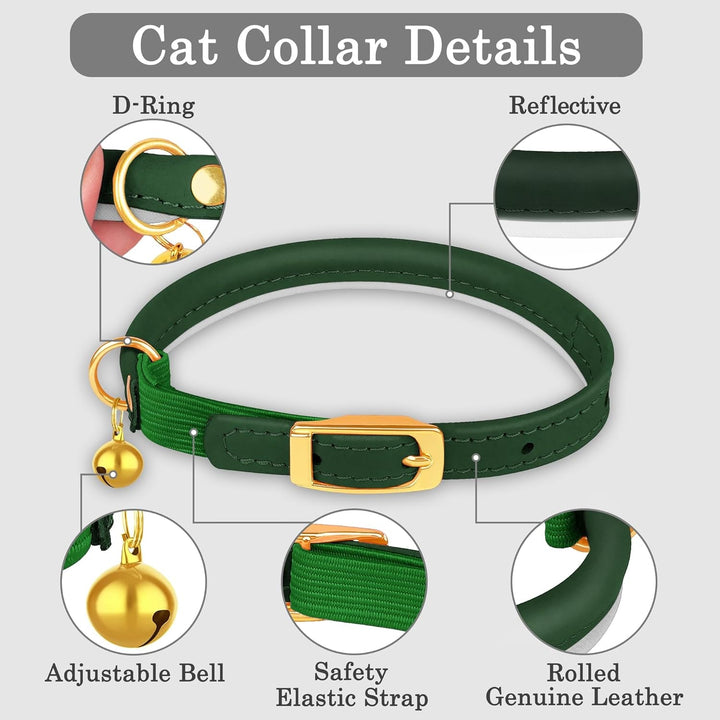 Zgardă pentru pisici din piele rulată cu clopoțel – Zgardă reflectorizantă pentru pisoi cu elastic de siguranță – Zgărzi reglabile pentru animale mici de companie, pentru băieți, fete, pisici (verde)