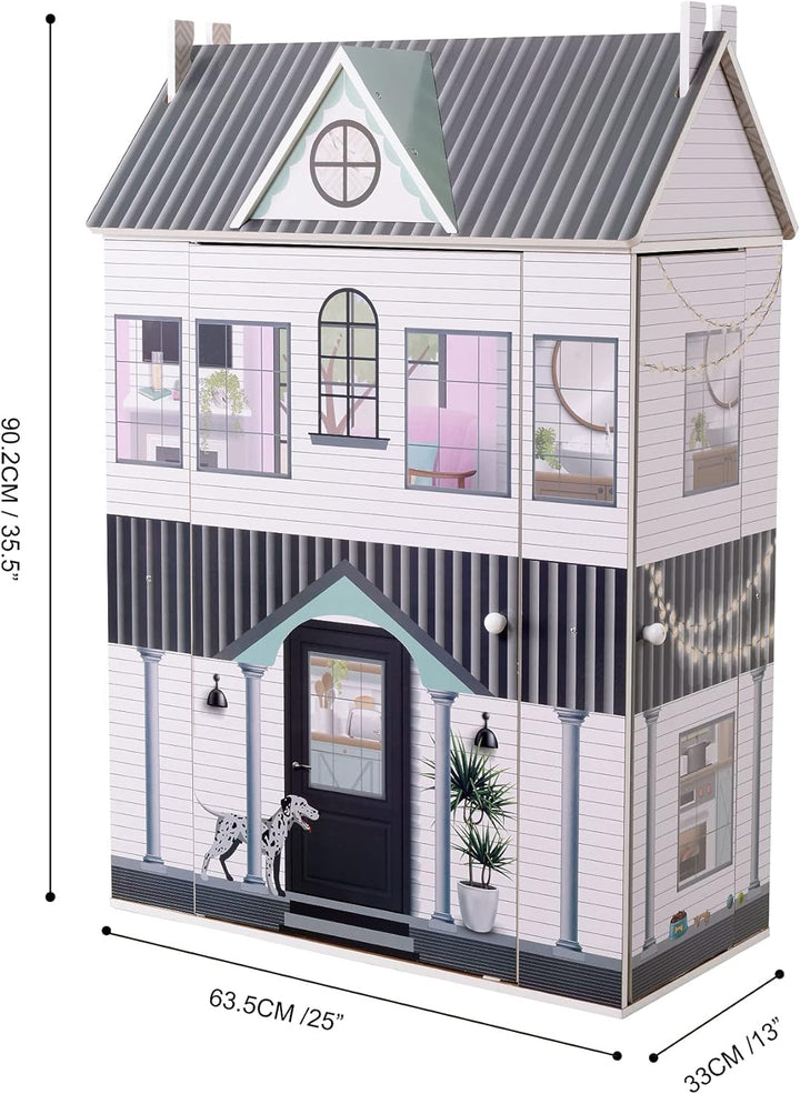 Olivia'S Little World Dreamland Farmhouse Kids Interactive Wooden Dollhouse 3 etaje cu 13 accesorii de mobilier pentru păpuși alb TD-13632A