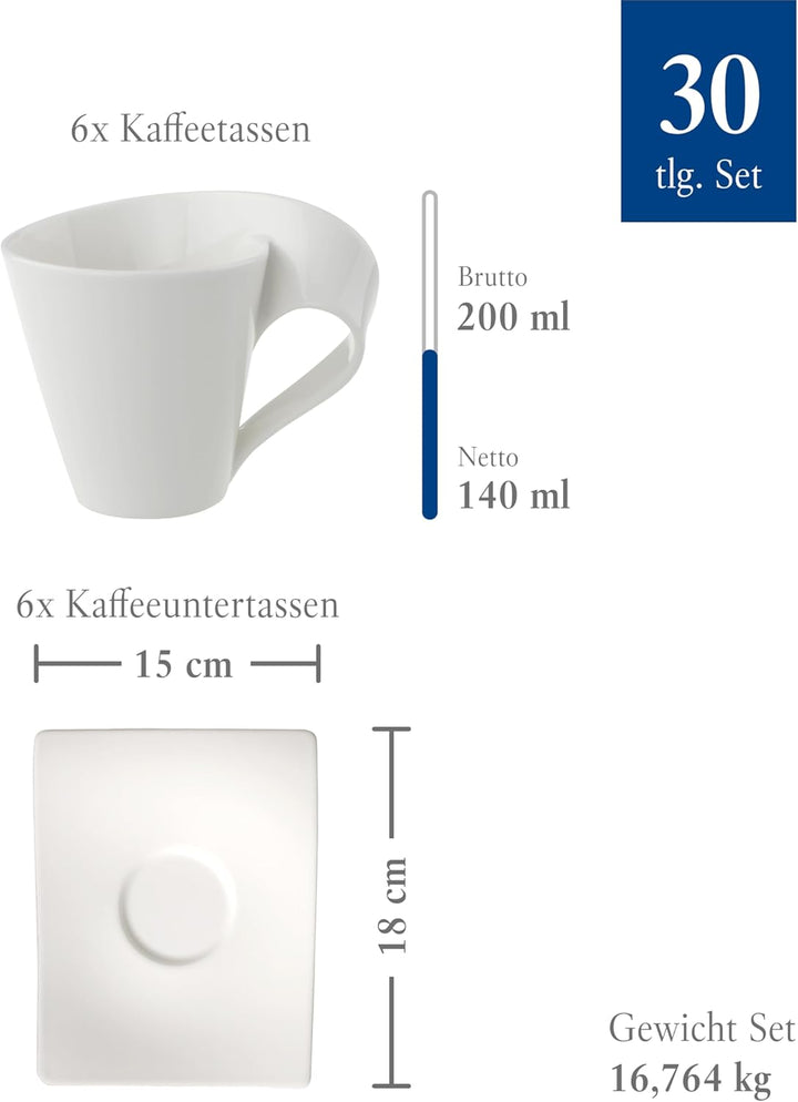 Villeroy & Boch – Newwave Basic Tafelservice 30 Teilig, Geschirr Set Für 6 Personen, Spülmaschinenfest, Geschirrset, Service, Teller, Tassen, Weiß, Keramik, Premium Porzellan