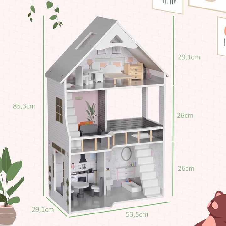 AIYAPLAY Casă de păpuși din lemn, casă de joacă cu 3 etaje cu 13 piese de mobilier, accesorii, 85,3 cm înălțime Casă de păpuși pentru copii de 3-6 ani, gri