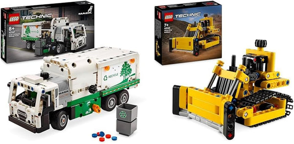 Autobasculantă electrică LEGO Technic Mack LR, model de autobasculantă pentru jocuri de rol de reciclare & Buldozer Technic Heavy Duty, buldozer de jucărie de construit