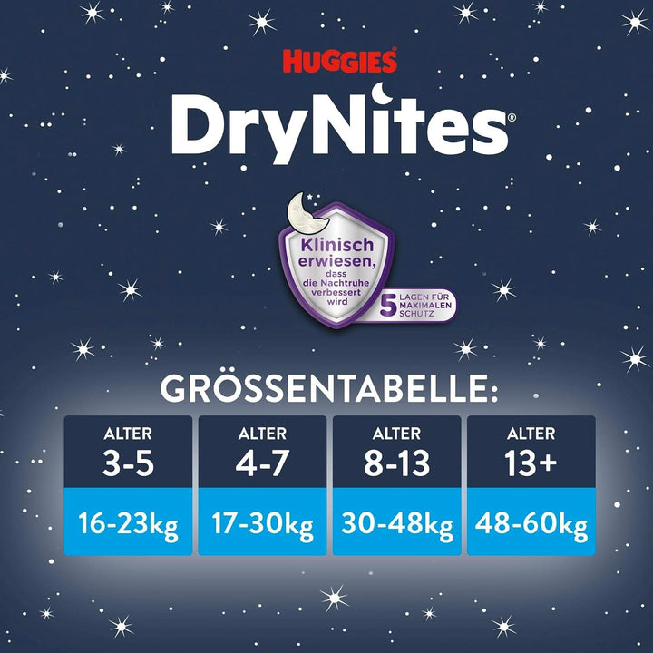 Huggies Drynites Scutece de noapte foarte absorbante, pentru băieți 8-13 ani (30-48 kg), 9 buc