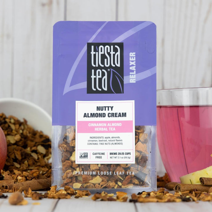 - Nutty Almond Cream | Premium Loose Leaf | Cinnamon Almond Herbal Tea Blend | Non-Caffeinated | Make Hot or Iced & Brews up to 25 Cups | 2.1 Ounce Resealable Pouch Tea USA Naty Shop