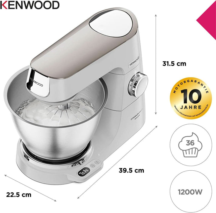 Kenwood Titanium Chef Baker KVC65.001WH, Küchenmaschine Mit Integrierter Waage, 1200 Watt, Inkl. 3-Teiligem Patisserie-Set, Spatel & Spritzschutz, Weiß