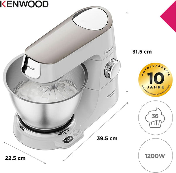 Kenwood Titanium Chef Baker KVC65.001WH, Küchenmaschine Mit Integrierter Waage, 1200 Watt, Inkl. 3-Teiligem Patisserie-Set, Spatel & Spritzschutz, Weiß