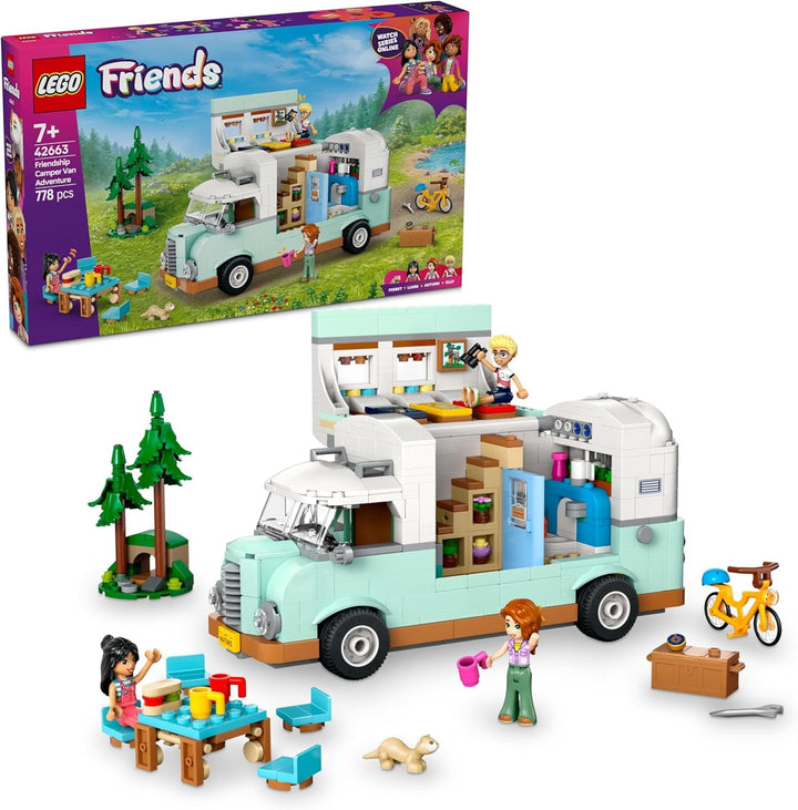 LEGO Friends Caravan, Set de construcție pentru jocuri de rol cu o rulotă de jucărie, Cadou pentru fete cu vârsta de peste 7 ani, Set de joacă creativ cu 3 minifigurine și figurină de animal dihor 42663