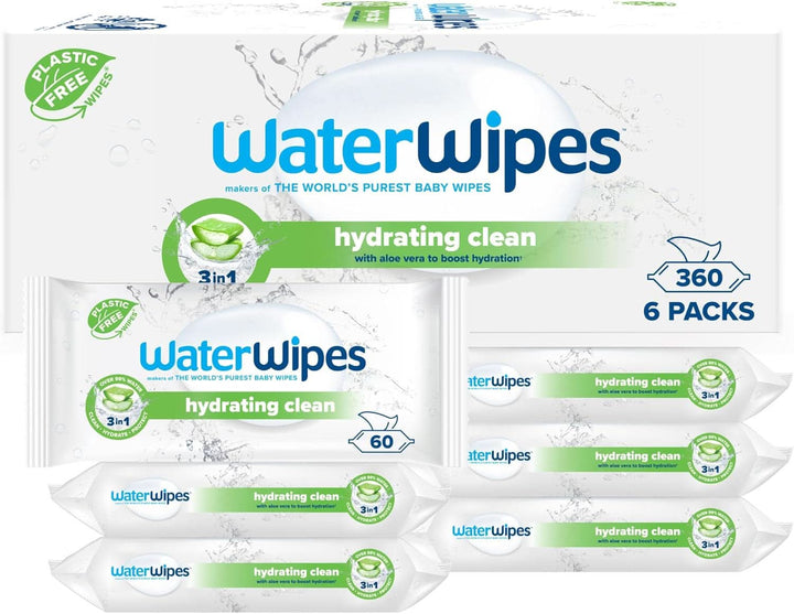 Waterwipes Feuchtigkeitsspendende, Säubernde Baby-Feuchttücher, 360 Tücher (6 Packungen), Mit 99% Wasser & Aloe Vera Extrakt, Feuchttücher Für Gesicht & Körper