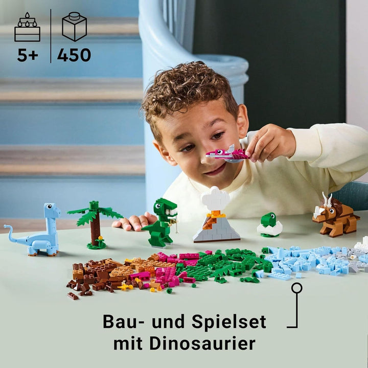 LEGO Classic Creative Dinosaurs, set de construcție cu modele și figuri de animale realizate din cărămizi, experiență de joacă imaginativă, cadou pentru băieți și fete de la 5 ani, inclusiv T.Rex și Triceratops 11041