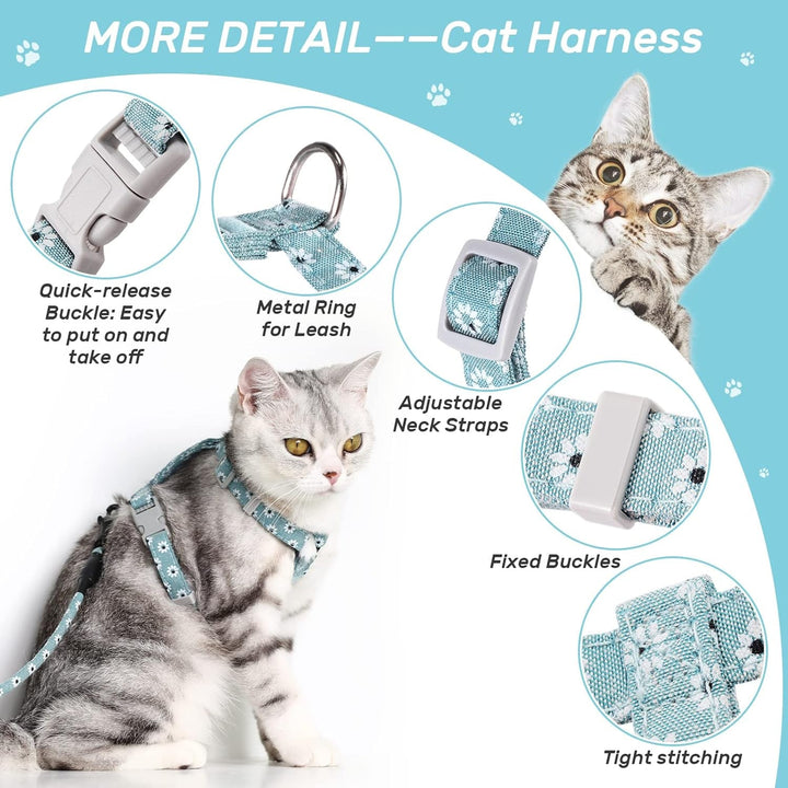 PETTOM Ham pentru pisici cu model floral și lesă Lesă pentru pisici cu ham pentru pisici cu șnur rotund, curea de piept reglabilă anti-evadare, potrivită pentru pisici mici și mijlocii