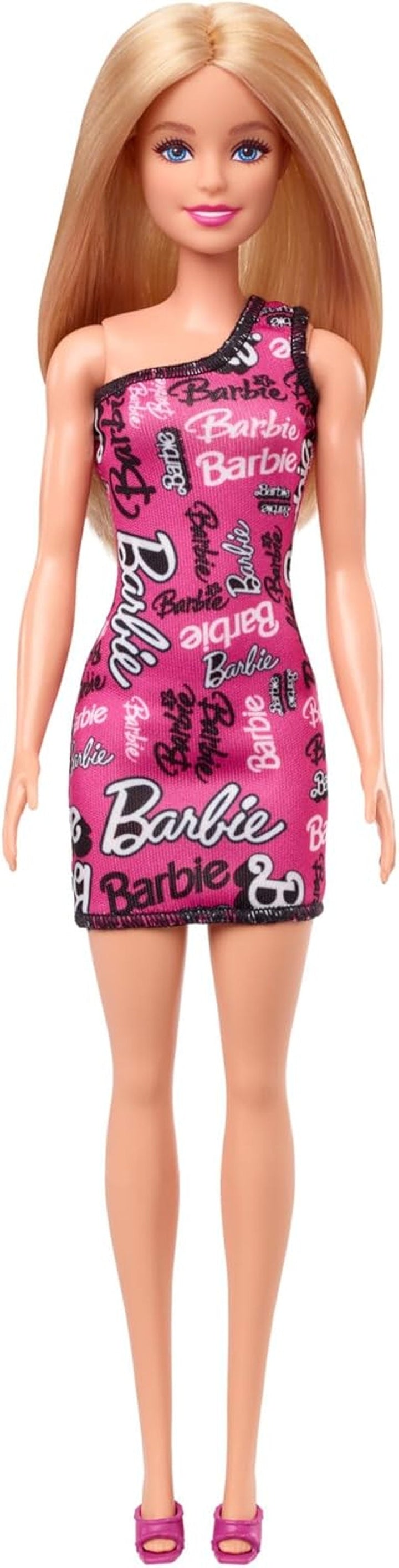 Păpușă Barbie Fashion cu păr blond drept într-o rochie extensibilă roz cu un umăr și pantofi cu logo imprimat, HRH07