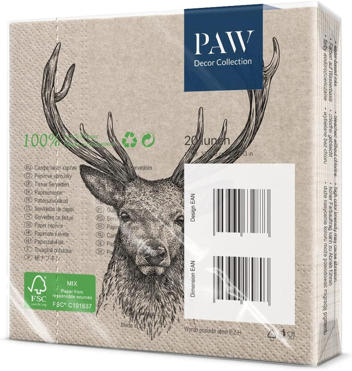 Pfotenkollektion X Pfoten Dekor Kollektion CM Papiertücher mit 3 Schichten. 20 Stücke. Gedruckt mit farben auf Wasserbasis. Tischdekorationen. Nature, Hirsc, PAW_022022, Hirsch, 33 x 33 cm (Paket mit 3)