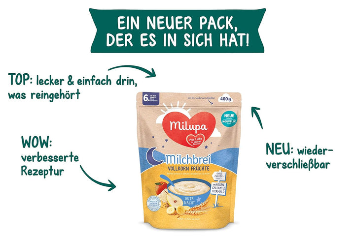 Milupa Milchbrei Vollkorn Früchte – Babybrei Ohne Palmöl – Frei Von Konservierungs- Und Farbstoffen – Ab Dem 6. Monat – 4 X 400 G (Packung Mit 2)