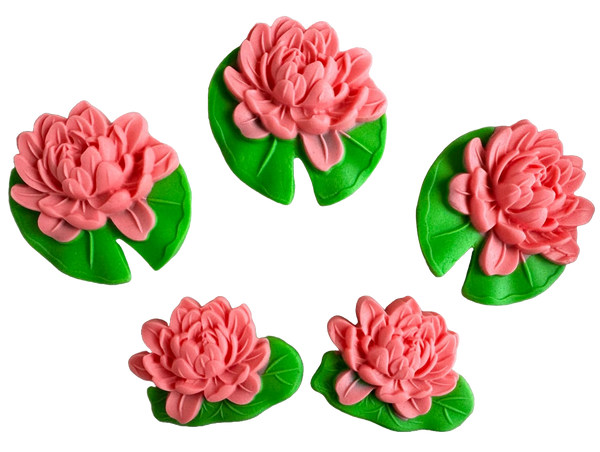 Lot de 5 décorations comestibles en pâte à sucre, Nénuphars roses