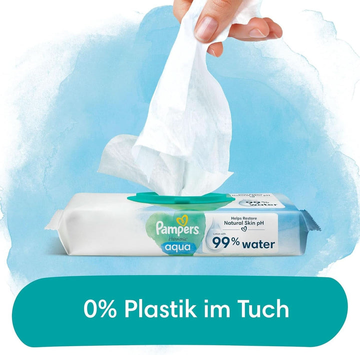 Pampers Harmonie Aqua Feuchttücher 15 Packungen Mit Jeweils 48 Feuchttüchern - 720 Feuchttücher, Die Helfen, Den Natürlichen Ph-Wert Der Haut Wiederherzustellen, Leichte Lotion Mit 99% Wasser