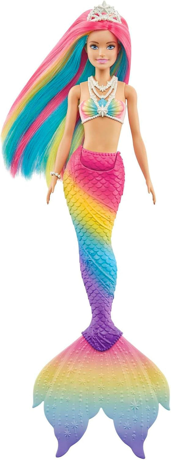 Barbie Dreamtopia Rainbow Magic Mermaid, Barbie Mermaid cu păr curcubeu, păpușă care își schimbă culoarea activată de apă, jucărie de la 3 ani, cadou pentru fete, GTF89