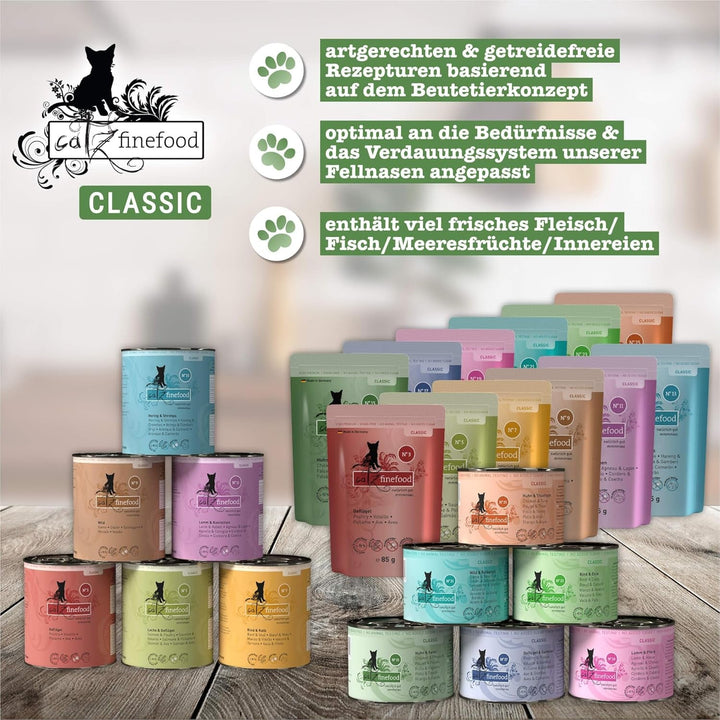 Hrană umedă pentru pisici Catz Finefood Classic N° 15 Chicken & Pheasant - Hrană umedă gourmet pentru pisica dvs. fără zahăr și cereale, fără gluten - cu conținut ridicat de carne, fabricată în Germania (6 cutii de 800 g)