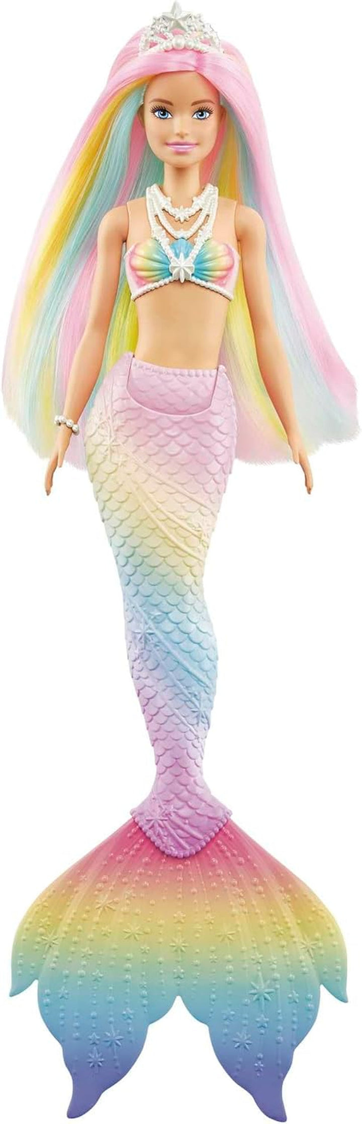 Barbie Dreamtopia Rainbow Magic Mermaid, Barbie Mermaid cu păr curcubeu, păpușă care își schimbă culoarea activată de apă, jucărie de la 3 ani, cadou pentru fete, GTF89