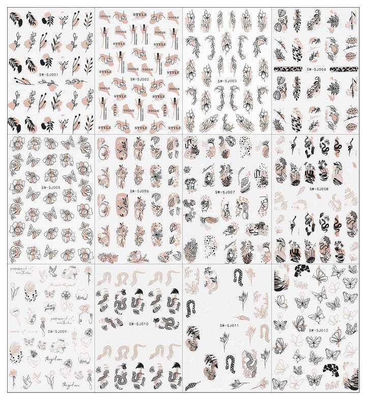 JMEOWIO Nagelsticker Rose Gold Schwarze Blume 12 Blatt Nail Art Sticker Selbstklebend Nagelaufkleber Frühlings Linie Abstraktes Blatt Dekoration Nageldesign Zubehör
