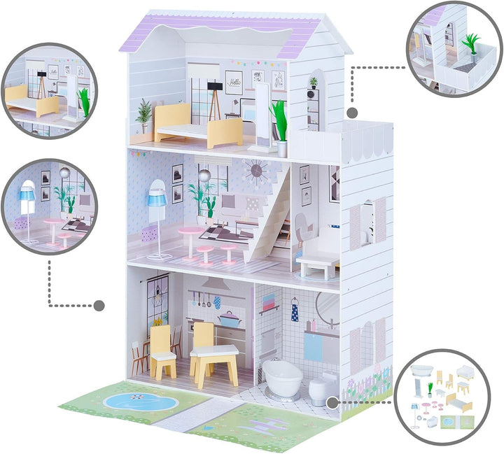 Teamson Kids Olivias Little World Giant Doll House cu 16 accesorii pentru păpuși, casă de păpuși din lemn cu mobilier, cu 3 etaje, casă de păpuși pentru copii pentru păpuși de 12 inci/30 cm, vârsta 3 ani+
