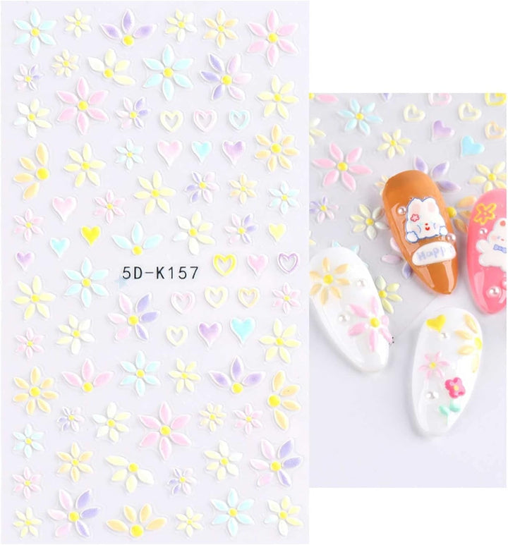 JMEOWIO 3D Nagelsticker Frühling Blumen 5 Blatt Nagelaufkleber 5D Stereoskopisch Selbstklebend Bunte Blüte Nail Art Sticker Dekoration Nageldesign Zubehör