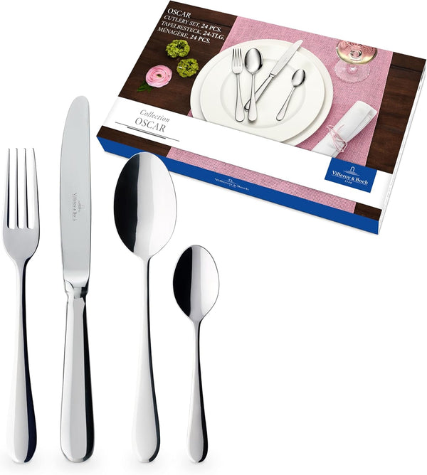 Villeroy & Boch – Oscar Tafelbesteck 24 Teilig 6 Personen, Spülmaschinenfest, Rostfrei, Besteck Set, Essbesteck, Messer Gabel Löffel Set, Cutlery Set, Besteckset Edelstahl, Edelstahl