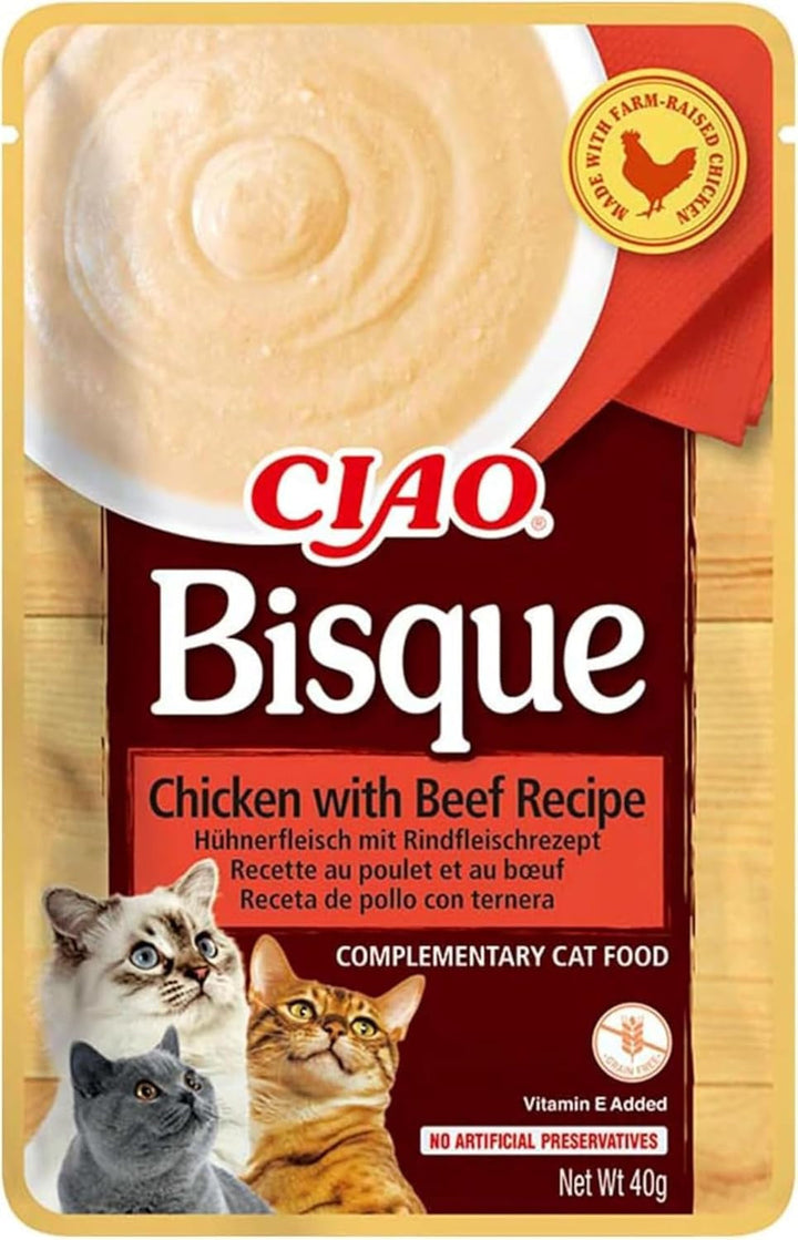 INABA Ciao Bisque Hrană umedă pentru pisici cu conținut scăzut de calorii cu 28% pui | Fără cereale, fără zahăr, fără subproduse, pastă cremoasă și supă delicioasă pentru pisici din Japonia 40 G (pachet de 12)