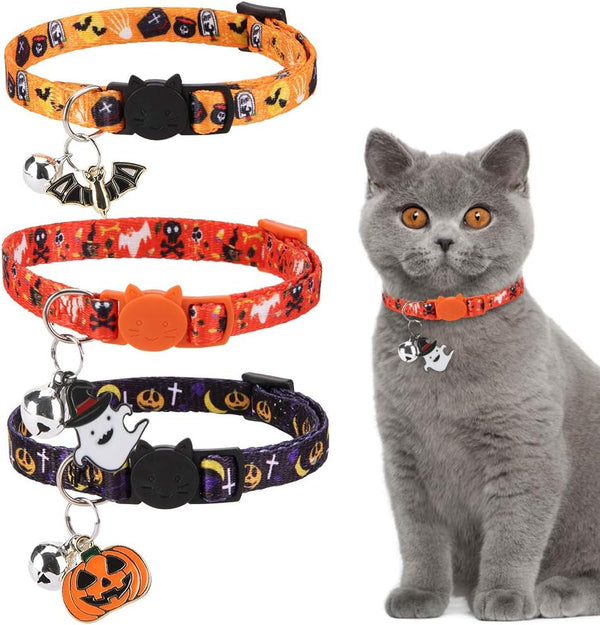 Zgardă pentru pisici de Halloween, set de 3, moale, reglabilă, cu clopoțel și pandantiv, pentru pisici și pisoi, imprimare prin transfer termic