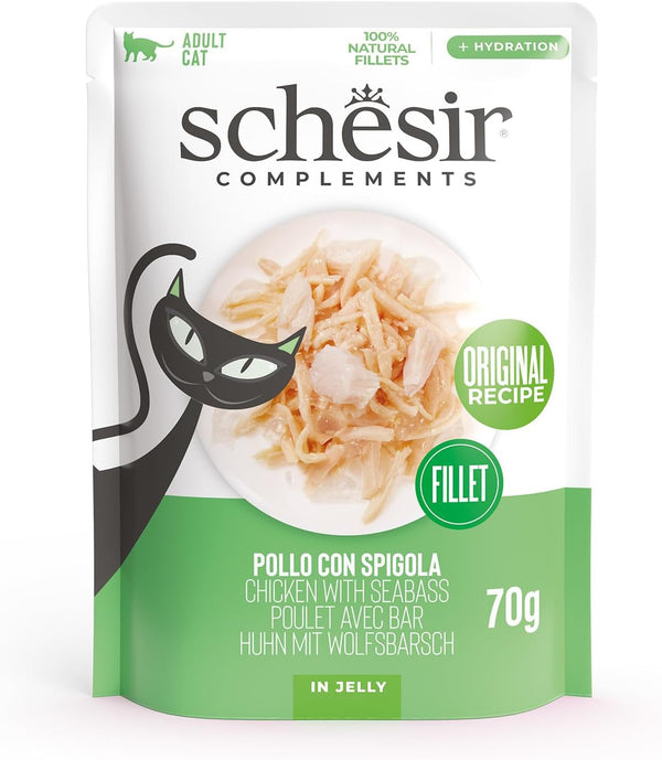 , File de pui cu spigola în jeleu, Hrană umedă complementară pentru pisici, Rețetă originală, 100% naturală, 12 pungi a câte 70 g