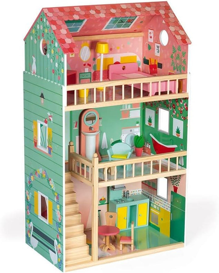 Janod - Casa de păpuși din lemn Mademoiselle, 3 etaje și cu 11 accesorii, replică de jucărie, dezvoltă imaginația, de la 3 ani, J06581, roz