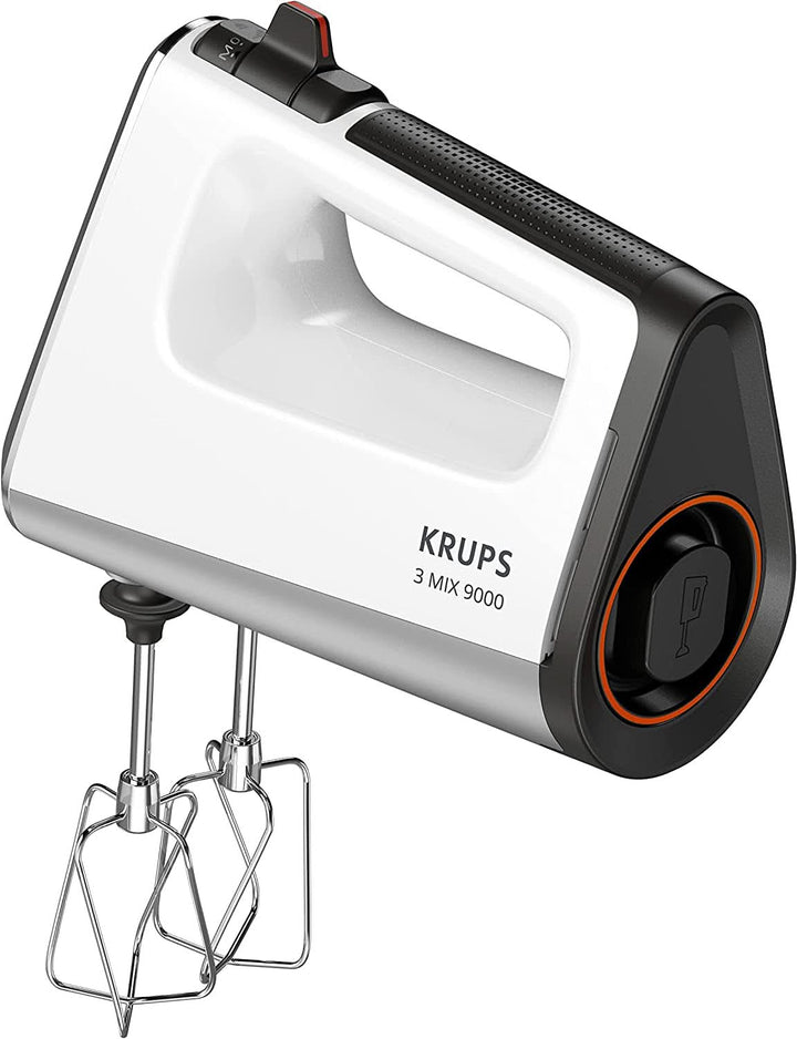 Krups GN9121 3 Mix 9000 Handmixer | 750 Watt | Geschwindigkeitsregler | Turbomodus | Auswurffunktion | Ergonomischer Griff | Inkl. Schneebesen, Knethaken, Pürierstab-Aufsatz, Messbecher | Weiß/Silber