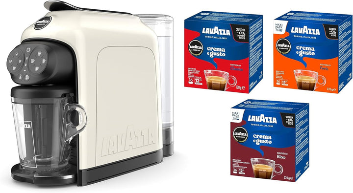 Lavazza, a Modo Mio Cafetiera Deséa White Cream Cu 88 Capsule Crema Si Arome Asortate, Espresso 1500 W, 220-240 V, 50/60 Hz, Capacitate Max. 10 Capsule Si 1.1 Litri Apa