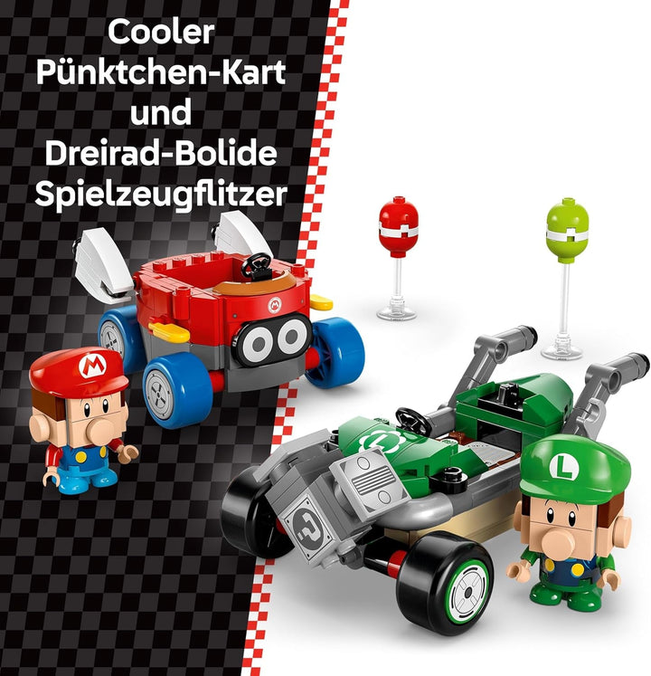 LEGO Mario Kart - Baby Mario Vs. Baby Luigi, figuri Nintendo de colecționat, 2 vitezomani de jucărie construibile, cadou pentru băieți, fete și gameri cu vârsta peste 8 ani, jucărie de aventură 72034