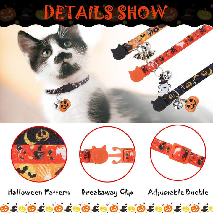 Zgardă pentru pisici de Halloween, set de 3, moale, reglabilă, cu clopoțel și pandantiv, pentru pisici și pisoi, imprimare prin transfer termic