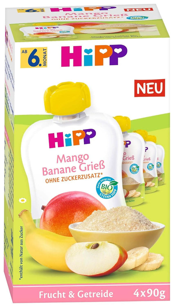 Hipp Bio Frucht & Getreide Im Quetschbeutel Für Baby, Mango Banane Grieß, 4Er Pack (4X4X90G)