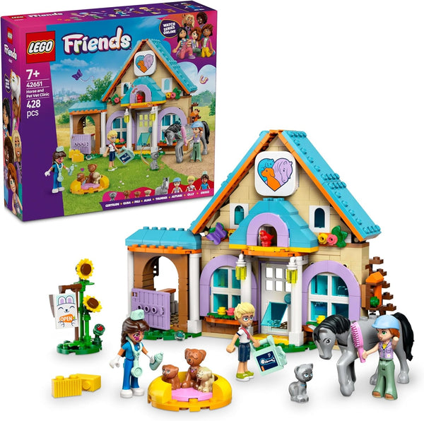 LEGO Friends Cabinet veterinar pentru cai și animale de companie, set de construcție și joacă pentru jocuri de rol imaginative cu 3 minifigurine și 5 figurine de animale, idee de cadou pentru fete de la 7 ani 42651