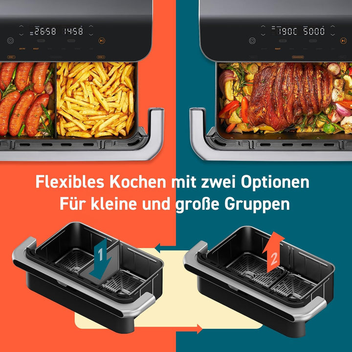 COSORI Heißluftfritteuse 2 Kammern Airfryer, 8-In-1 Dual Blaze Twinfry XXL 10L, Heissluftfritteuse Doppelkammer Mit Herausnehmbarem Trenner & Untere Heizelemente, 70 Rezepte, 2-6 Personen