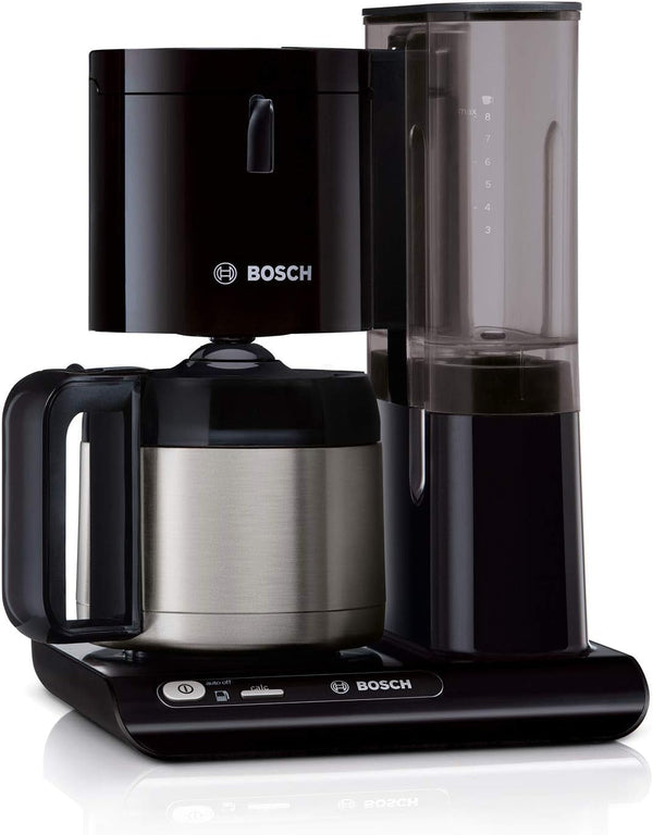 Bosch filtru de cafea Styline TKA8A053, senzor de aromă, cană termo din oțel inoxidabil 1,1 L, pentru 8-12 cești, oprire automată, sistem de detartrare, opritor de picurare, rezervor de apă detașabil (1 L), 1100 W, negru
