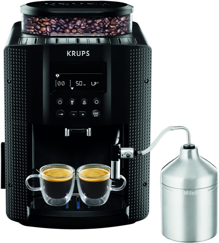Aparat de cafea Krups Essential Cu tub de lapte, Funcție 2 căni, Afișaj LCD, Curățare ușoară, Aparat de cafea, Sigiliu Tüv, Negru, EA816031
