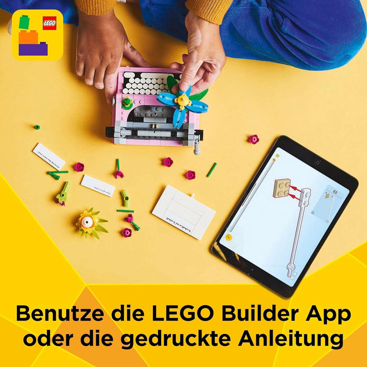 LEGO Creator 3In1 Mașină de scris cu flori - jucărie convertibilă într-un model Keytar sau într-un ghiveci de flori cu blocnotes și stilou - set de construcție - cadou pentru fete și băieți de la 8 ani 31169