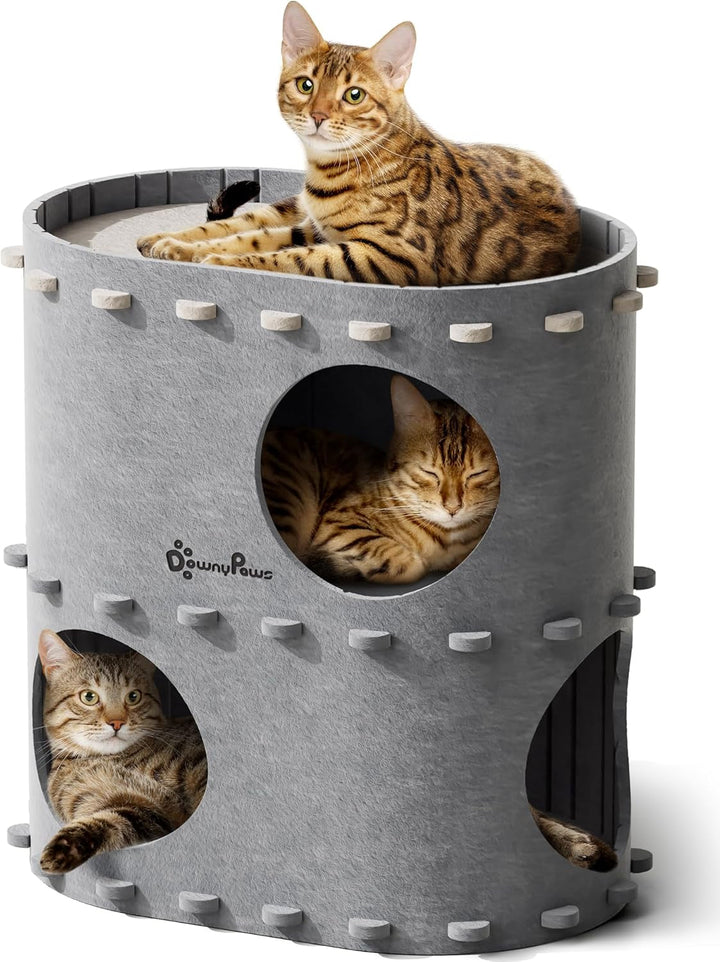 Peșteră pentru pisici Downypaws din fetru, pat pentru pisici cu 2 niveluri, căsuță tip castel pentru joacă, design cald, protecție pentru unghiile pisicii, bej