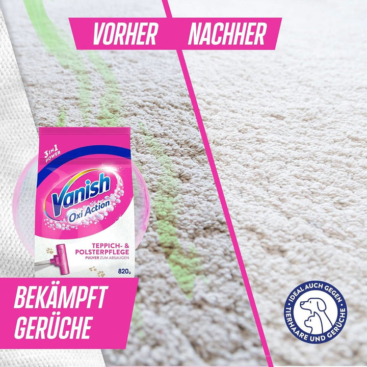 Vanish Oxi Action Pulbere pentru curățarea covoarelor și a tapițeriei - 1 X 820 G - Curăță suprafețe mari pentru covoare și tapițerii împotriva murdăriei, mirosului urât și prafului