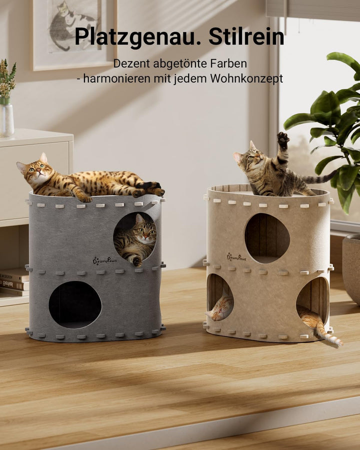 Peșteră pentru pisici Downypaws din fetru, pat pentru pisici cu 2 niveluri, căsuță tip castel pentru joacă, design cald, protecție pentru unghiile pisicii, bej