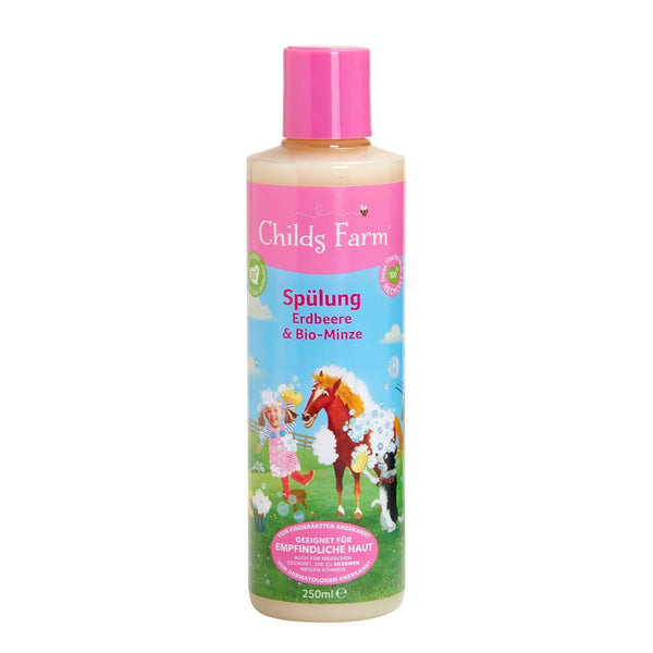 Balsam Childs Farm pentru copii 250 ml | Căpșuni și mentă organică | Toate tipurile de păr | Hrănește și hrănește | Potrivit pentru pielea uscată, sensibilă și predispusă la neurodermatită