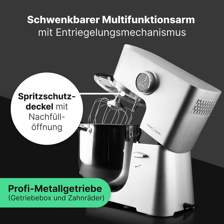 Proficook® Küchenmaschine Mit XXL 12L Schüssel | Knetmaschine Mit 2500W Longlife-Profi-Motor | Metallgetriebe Und Led-Display | Food Processor Für Bis Zu 8,5 Kg Teig |13 Geschwindigkeiten | PC KM 1254