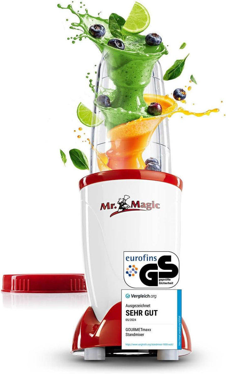 Gourmetmaxx Mr. Magic Mixer | Smoothie Maker Mit Xxl-Zubehörpaket | Standmixer 18-Tlg. | Blender Mit Auslaufsicheren Frischhaltedeckeln | Food Processor Für Shakes, Smoothies Etc.