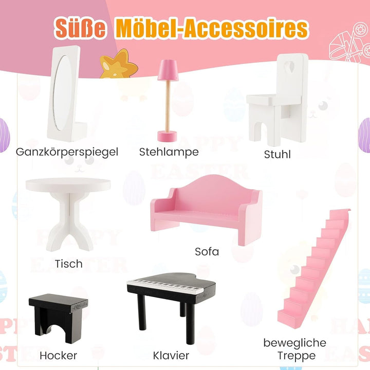 FANTASK Casă de păpuși din lemn, casă de păpuși cu 2 etaje cu accesorii și mobilier, jucărie pentru păpuși de 28-36 cm, pentru copii cu vârsta de peste 3 ani