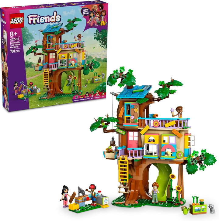 Casa din copac LEGO Friends, set de construit și jucat pentru jocuri de rol, casă de jucărie pentru fete de la 8 ani, set cu 4 minifigurine de personaje și 2 figurine de animale, idee de cadou pentru copii 42652